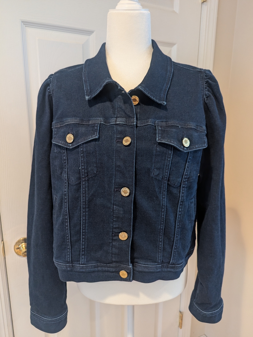 Lilly Pulitzer Laylani Puff Sleeve Denim Jacket Gold Buttons Dark Cosmic Wash